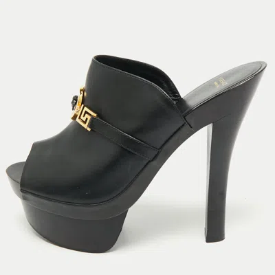 Versace Black Leather Medusa Insignia Slide Sandals