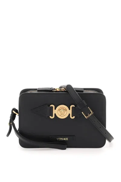 Versace Black Leather Medusa Messenger Handbag For Men