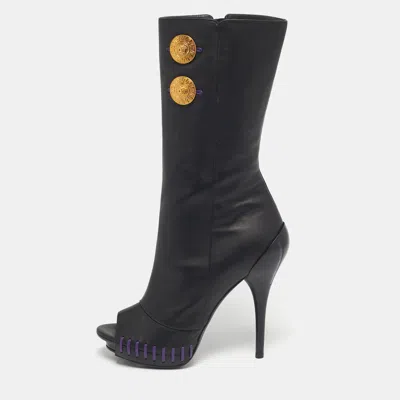 Versace Black Leather Medusa Mid Calf Peep Toe Boots