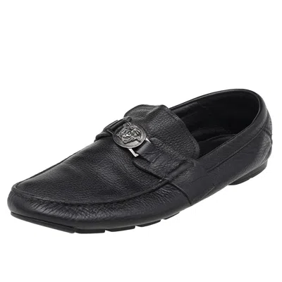 Versace Black Leather Medusa Slip On Loafers