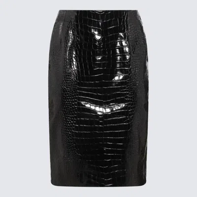 Versace Black Leather Midi Skirt