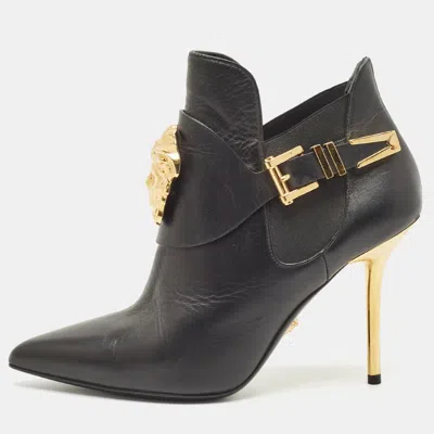 Pre-owned Versace Black Leather Palazzo Ankle Booties Size 37