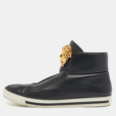 Pre-owned Versace Black Leather Palazzo Slip On Sneakers Size 46