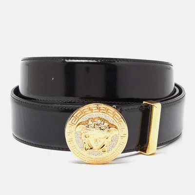 Pre-owned Versace Black Leather Patent Medussa Head Buckle Belt 115cm