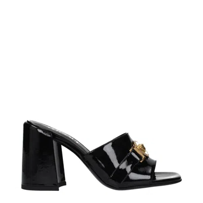 Versace Black Leather Platform Sandals In Multi
