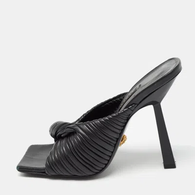 Versace Black Leather Plisse Slide Sandals