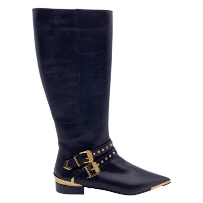 Pre-owned Versace Black Leather Riding Boots With Gold Metal Buckles Size 36