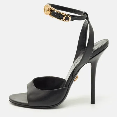 Pre-owned Versace Black Leather Safety Pin Ankle Strap Sandals Size 37