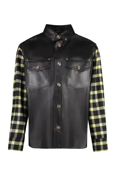 Versace Black Leather Shirt With Metallic Accents For Men