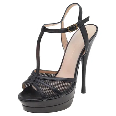 Versace Black Leather T-strap Platform Sandals