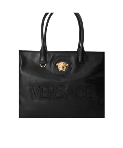 Versace Black Leather Tote Bag In Purple