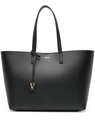 Versace Black Leather Tote Handbag With Iconic Acanthus Leaf Emblem