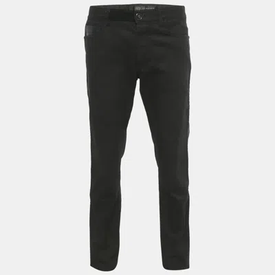 Pre-owned Versace Black Leather Trim Denim Jeans Xl/waist 36"