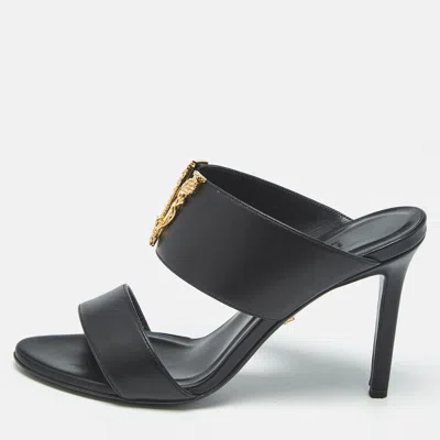 Pre-owned Versace Black Leather Virtus Slide Sandals Size 37