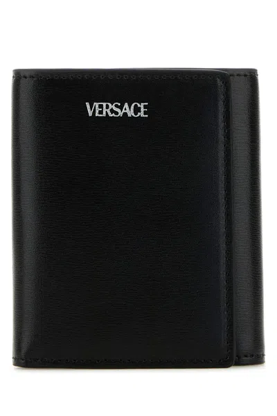 Versace Black Leather Wallet In Blackpalladium