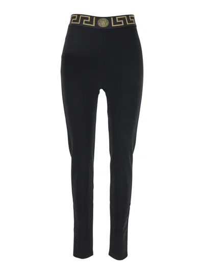 Versace Black Leggings With High Waist And Greca Motif On The Waist In Viscose Blend Stretch Woman