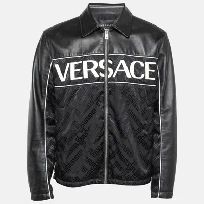 Pre-owned Versace Black Logo Applique Leather And Nylon Blouson Jacket L