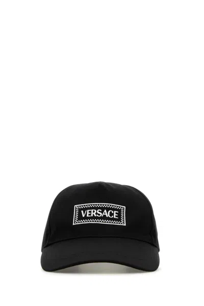 Versace Logo-embroidered Cotton Cap In Black