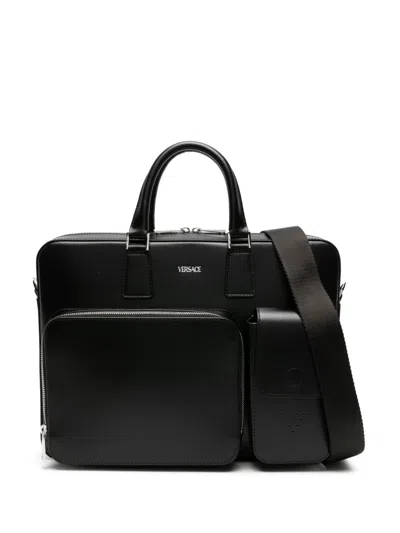 Versace Logo-debossed Leather Briefcase In Black