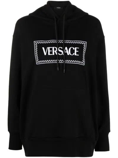 Versace Black Logo Embroidered Cotton Hoodie