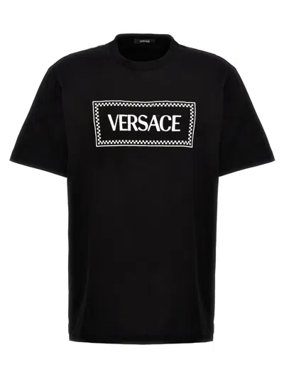 Versace Black Crewneck T-shirt With Contrasting Logo Lettering Print In Cotton