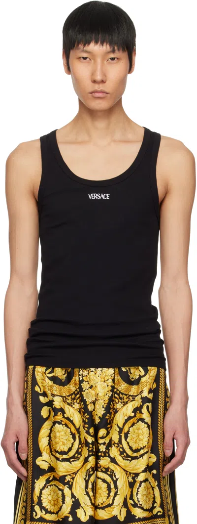 Versace Black Logo Ribbed Tank Top In 1b000-black