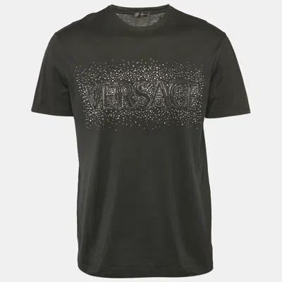 Pre-owned Versace Black Logo Studded Cotton Crew Neck T-shirt L