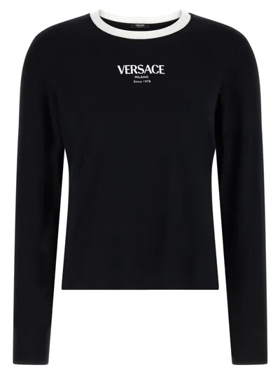 Versace Logo Crew Neck Long Sleeve T Shirt In Black