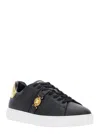 Versace Black Low Top Sneakers With Contrasting Heel With Logo Lettering And Medusa Plaque In Tech Fabric Ma In Black