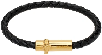 Versace Black Medusa Braided Leather Bracelet In 1b00v-black-v Gold