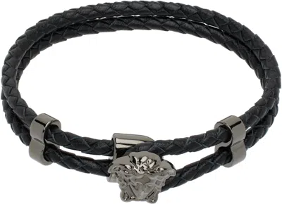 VERSACE BLACK MEDUSA BRAIDED LEATHER BRACELET
