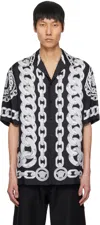 Versace Black And White Bowling Shirt With Cuban Collar And All-over Chain-link Print In Silk Man In 5b950-black+silver