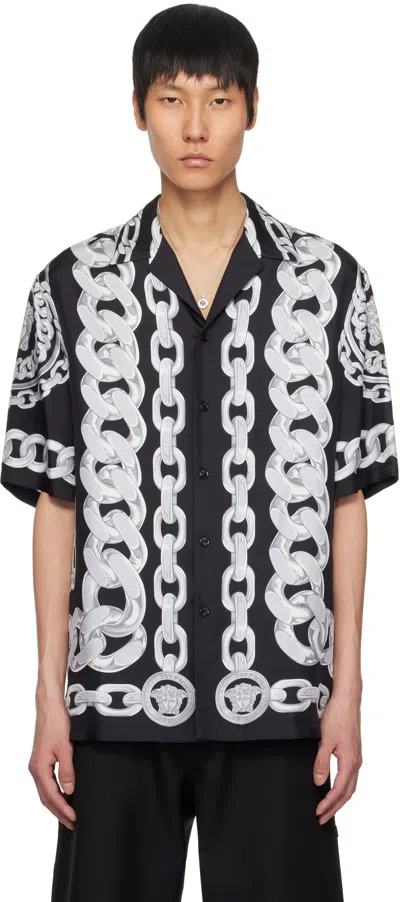 VERSACE BLACK MEDUSA CHAINS SILK SHIRT