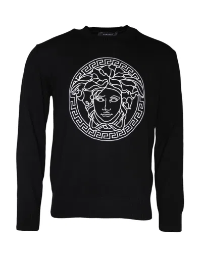 Versace Medusa Embroidery Crew Neck Knit Sweater In Black