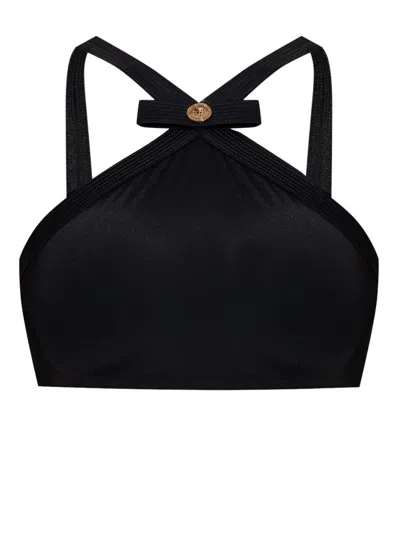 Versace Black Bikini Top With Bow And Gold Logo Plaque