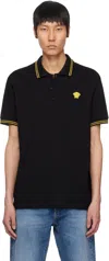 Versace Black Polo Shirt With Classic Collar And Medusa Embroidery In 1b000-black