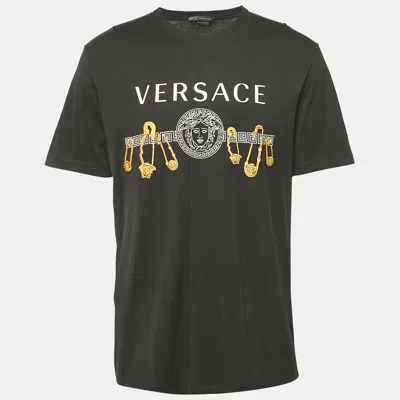 Pre-owned Versace Black Medusa Print And Pin Embroidery Cotton Crew Neck T-shirt Xxl