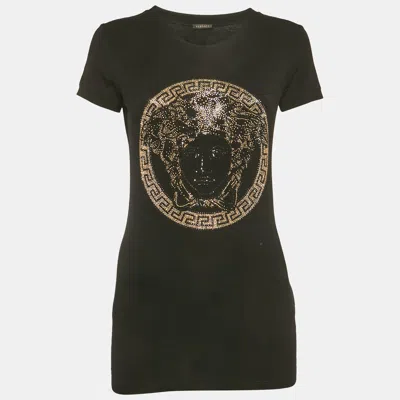 Pre-owned Versace Black Medusa Rhinestone Jersey T-shirt M