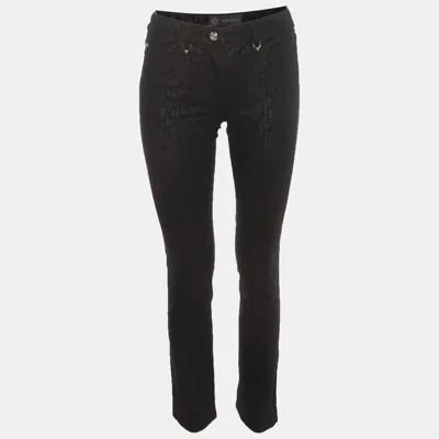 Pre-owned Versace Black Metallic Leopard Print Stretch Denim Slim Fit Jeans S/waist26"
