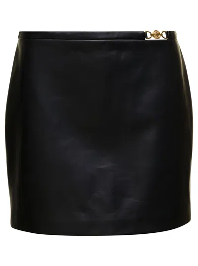 VERSACE BLACK MINI-SKIRT WITH MEDUSA DETAIL IN SMOOTH LEATHER WOMAN