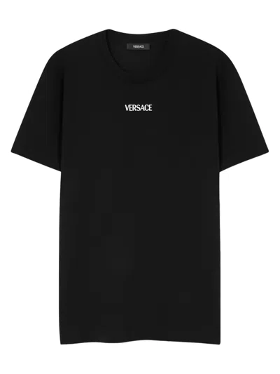 VERSACE BLACK MINIMALIST EMBROIDERED LOGO COTTON T-SHIRT