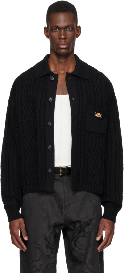 Versace Black Mixed-stitch Wool Knit Cardigan