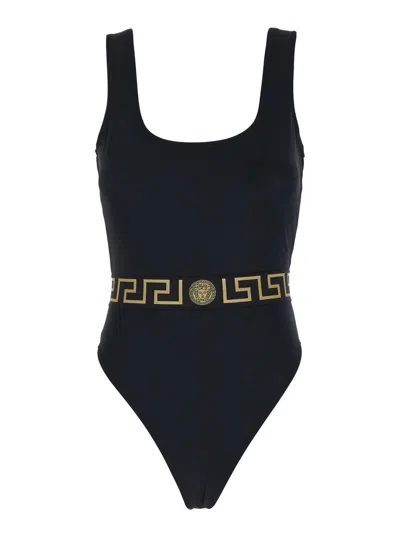Versace Black One-piece Swimsuit With Greca And Medusa Band In Stretch Polyamide Woman