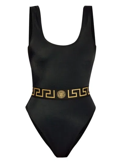 Versace Black One-piece Swimsuit With Greca And Medusa Band In Stretch Polyamide Woman