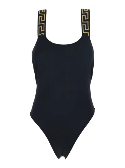 Versace Black One-piece Swimsuit With Greca Detail In Stretch Fabric Woman