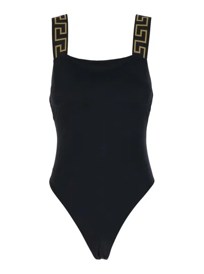 Versace Black One-piece Swimsuit With Greca Detail In Stretch Polyamide Woman