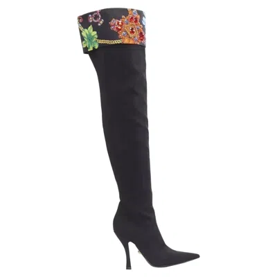 Pre-owned Versace Black Over The Knee Boots W/ Crystals Size 40 - 10