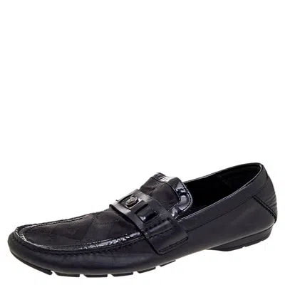 Versace Black Patent Leather And Signature Canvas Medusa Detail Slip On Loafers