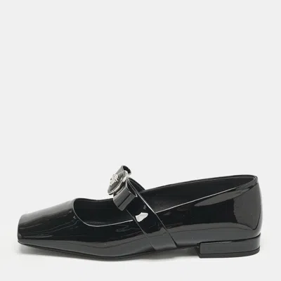 Pre-owned Versace Black Patent Leather Gianni Ribbon Ballet Flats Size 37
