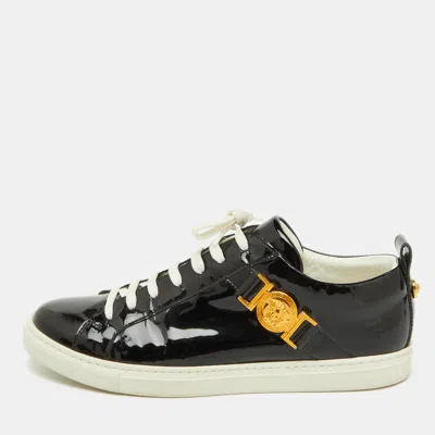 Versace Black Patent Leather Medusa Embellished Low Top Sneakers